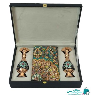 ست هدیه جفت گلدان 20 مس و پرداز و رومیزی ترمه به همراه جعبه هدیه
