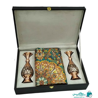 ست هدیه جفت گلدان 20 الماس نقره و رومیزی ترمه به همراه جعبه هدیه